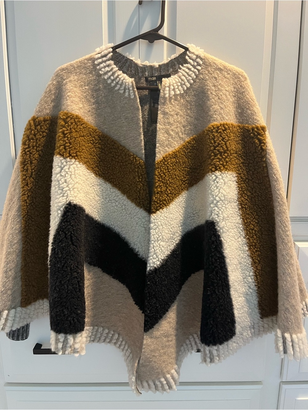 Maje Multicolor Chevron Sherpa Poncho in Beige, Olive, White & Black